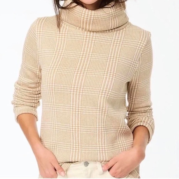 NWT J Crew Tan Houndstooth Plaid Soft Fleece Lined Cowl Tunic Sweater XL New $89 - Picture 1 of 5